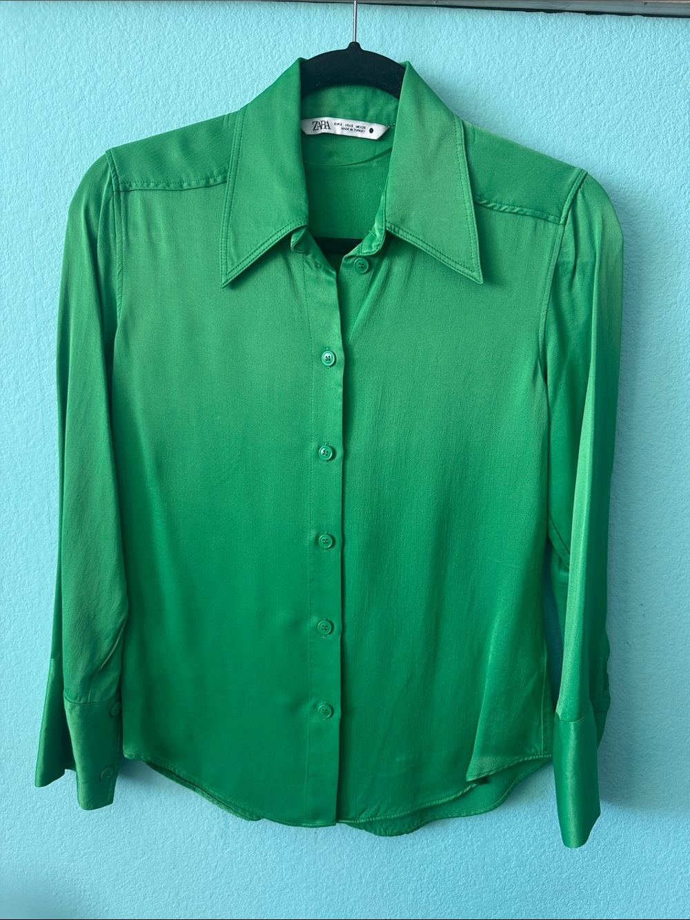 Zara Emerald Green Satin Button-Down Shirt